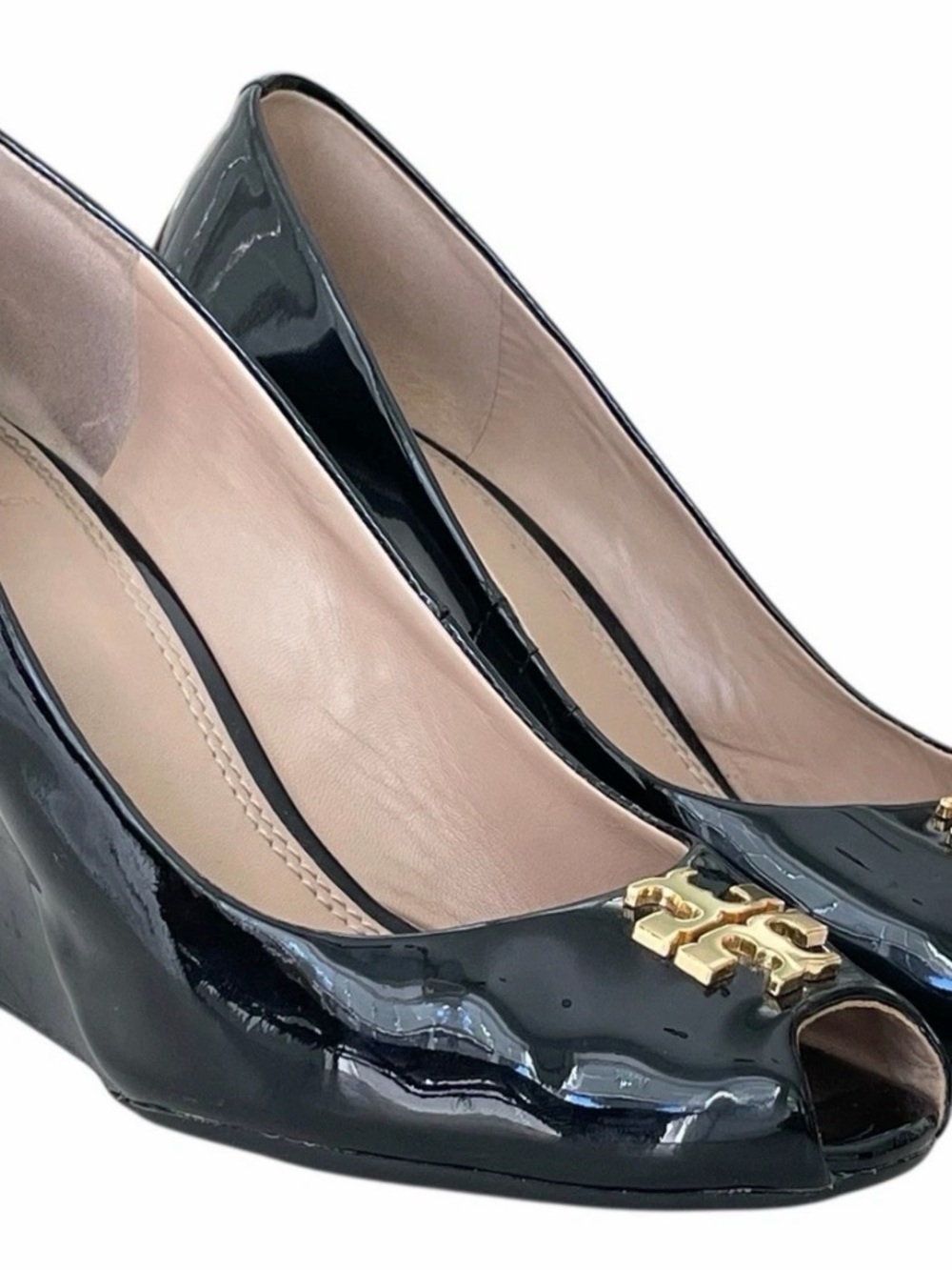 Tory Burch Black Patent Leather Peep-Toe Wedge with Gold Logo - Picture 6 of 15